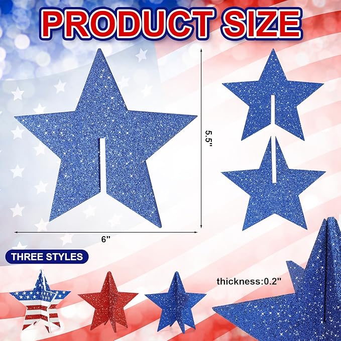 COCHIE 6 Inch Labor Day Decorations Wooden Stars Set, 3D Glitter Star Memorial Day Tiered Tray Decor, 4th of July Red White Blue Patriotic Decoration for Home Table Desk Door Shelf (Flag Style)