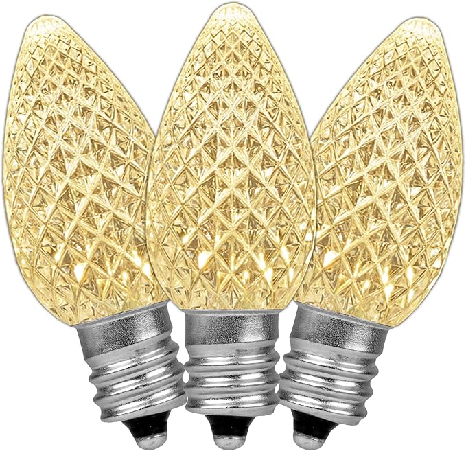 Novelty Lights 20CT Case (500 Bulbs) C7 LED Faceted Ultra Bright Dimmable Outdoor Christmas Light Replacement Bulbs, String Light (Warm White 2700K)