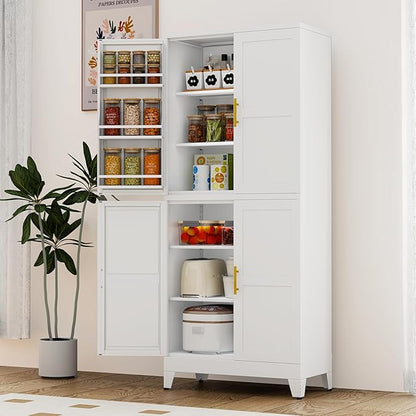 74.8" Tall Metal Food Cabinet, White Kitchen Pantry Cabinet, Storage Cabinets with 4 Door and 4 Adjustable Shelves, Steel Freestanding Cupboard for Kitchen Dining Room Living Room Bathroom