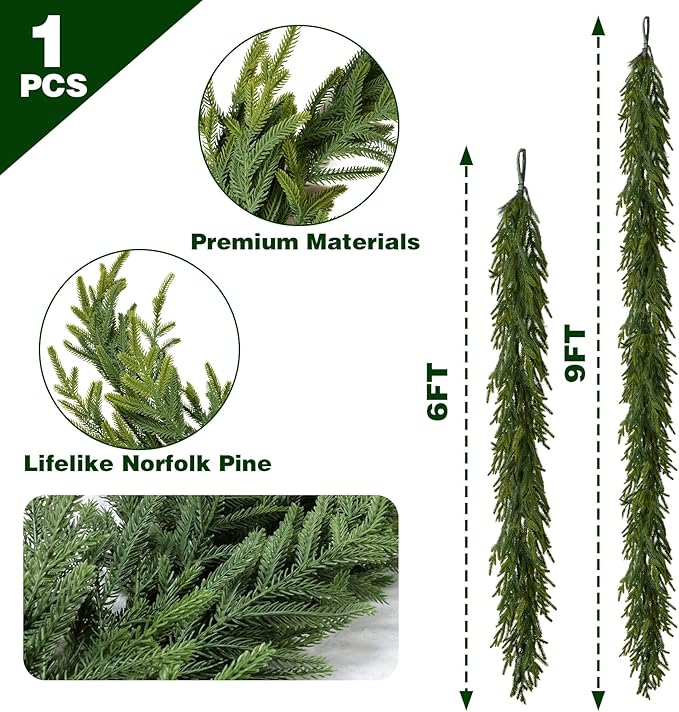 9FT Christmas Garland Norfolk Pine Garland Real Touch Faux Greenery Cedar Garlands for Mantle,Table,Wall,Christmas Decorations Indoor Outdoor