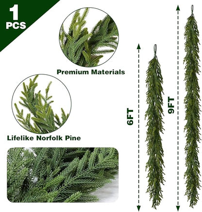 9FT Christmas Garland Norfolk Pine Garland Real Touch Faux Greenery Cedar Garlands for Mantle,Table,Wall,Christmas Decorations Indoor Outdoor