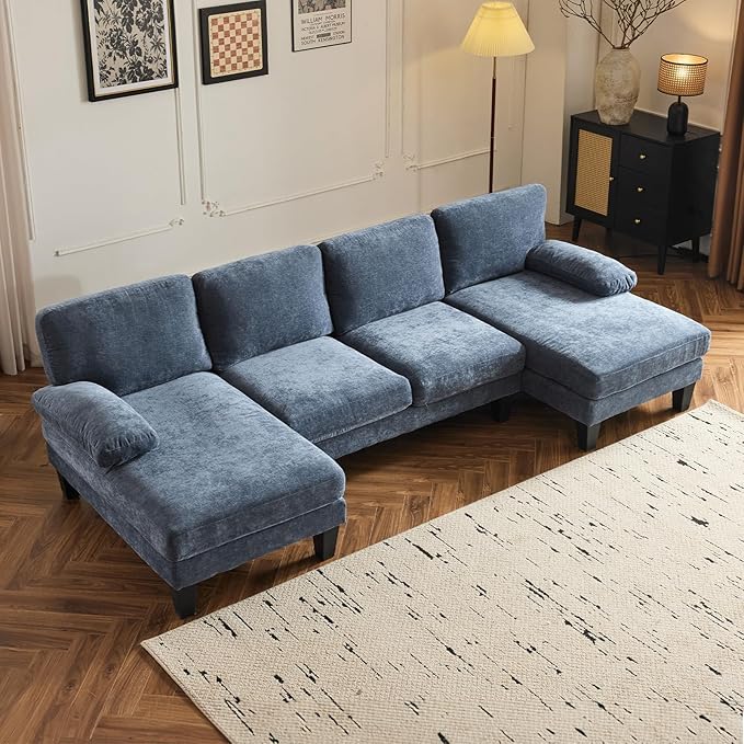 VINGLI 110" Sectional Couches for Living Room,U Shaped Couch with Double Chaise, 4-Seat Sofa Set with Corduroy Fabric for Home Furniture,Ocean Blue