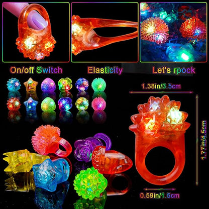 100 Pcs Light Up Rings, Glow In The Dark Party Supplies, 6 Style Flashing Glow In The Dark Rings for Adults & Kids, LED Ring for Birthday Party Favors, Concert, Raves, Halloween, Christmas