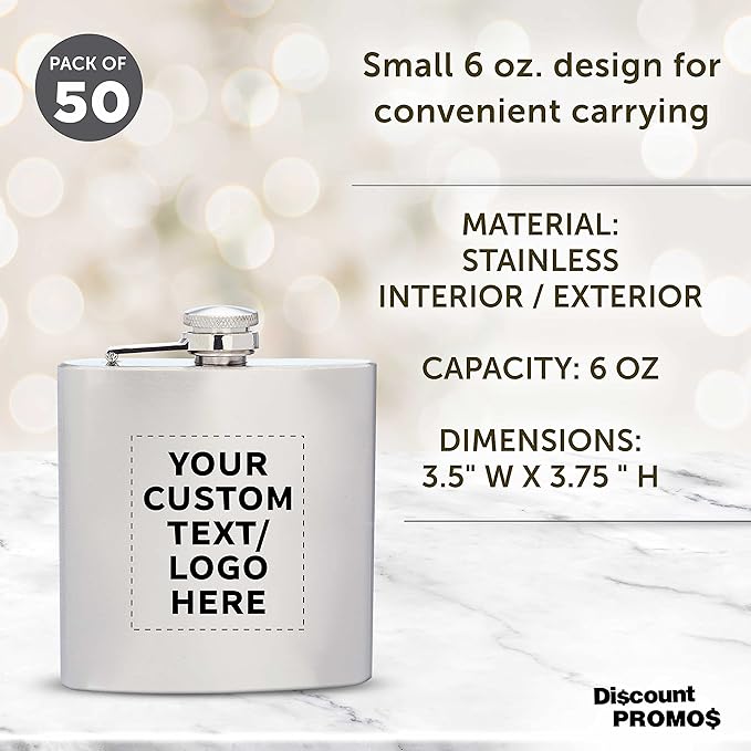 Custom Murano Stainless Steel Hip Flasks 6 oz. Set of 50, Personalized Bulk Pack - Screw on Cap, Great for Wedding Party Gifts, Groomsmen Gifts, Outdoor Activities - Silver