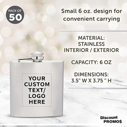 Custom Murano Stainless Steel Hip Flasks 6 oz. Set of 50, Personalized Bulk Pack - Screw on Cap, Great for Wedding Party Gifts, Groomsmen Gifts, Outdoor Activities - Silver