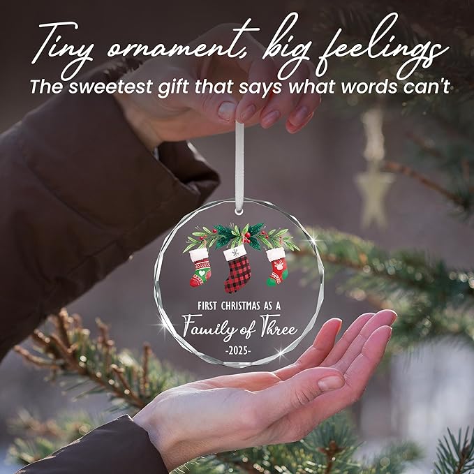 Baby's First Christmas Ornaments 2025 - Christmas Tree Decoration Glass Ornaments - New Parents Mom Dad, Baby First Ornament, First Christmas As A Family of Three, Ideal for New Mom Dad