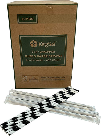 3,200 Count | Kingseal FSC Certified Disposable Paper Drinking Straws, Paper Wrapped, 7.75" Length x 6mm Diameter, Black Swirl Stripe, Biodegradable, Earth Friendly, Bulk Pack - 8 Boxes x 400 Straws