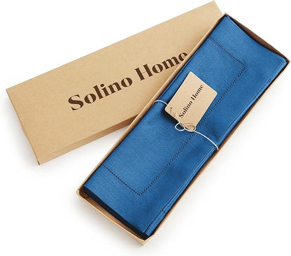 Solino Home Linen Placemats Set of 4 - Classic Hemstitch Indigo Blue Placemats 14 x 19 Inch - 100% Pure Linen Table Mats for Fall, Autumn, Christmas, Holiday, Winter, New Year