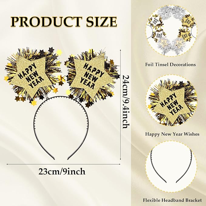 4PCS Happy New Year Headbands for Women, Silver and Gold Hair Hoop Headdress Hair Accessories for New Years Eve Party Supplies 2026