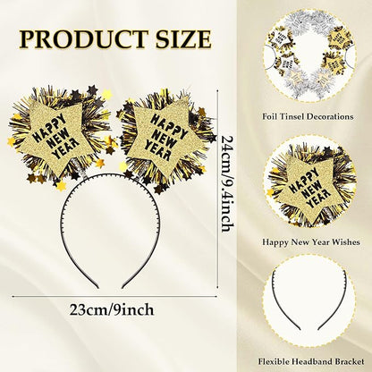 4PCS Happy New Year Headbands for Women, Silver and Gold Hair Hoop Headdress Hair Accessories for New Years Eve Party Supplies 2026
