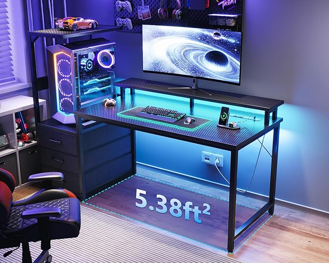 AODK 52 Inch Gaming Desk with USB Charging Ports & LED Light- Reversible Computer Desk with Storage Shelves & Monitor Stand, Modern Gamer Desk Table with Fabric Drawers & Side Hook, Carbon Fiber Black