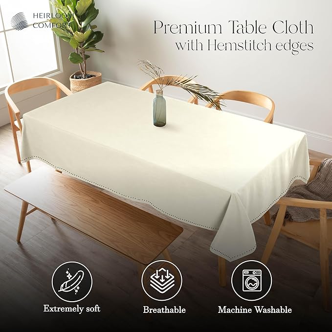 Ivory Cotton Tablecloth, Table Cover 52x70 Inch, Fits 4-6 Seats, Durable, Washable, Wrinkle Resistant, Rectangle Table Cloth for Dining, Elegant Dinners, Weddings, Special Occasions