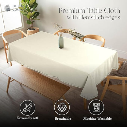 Ivory Cotton Tablecloth, Table Cover 52x70 Inch, Fits 4-6 Seats, Durable, Washable, Wrinkle Resistant, Rectangle Table Cloth for Dining, Elegant Dinners, Weddings, Special Occasions