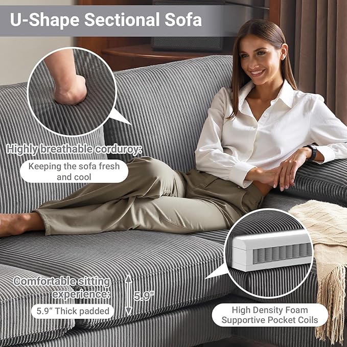 VINGLI 110" Sectional Couches for Living Room,U Shaped Couch with Double Chaise, 4-Seat Sofa Set with Corduroy Fabric for Home Furniture,Grey