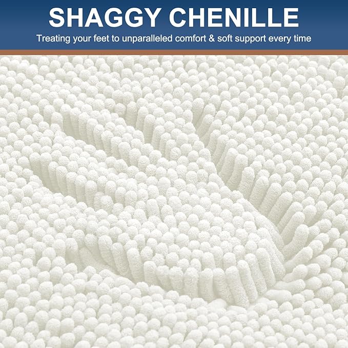 Smiry Luxury Chenille Bathroom Rugs 59x35, Extra Soft and Absorbent Shaggy Bath Mat, Machine Washable, Non-Slip Plush Carpet Runner for Tub, Shower, and Floor, Home Decor Accessories, Ivory
