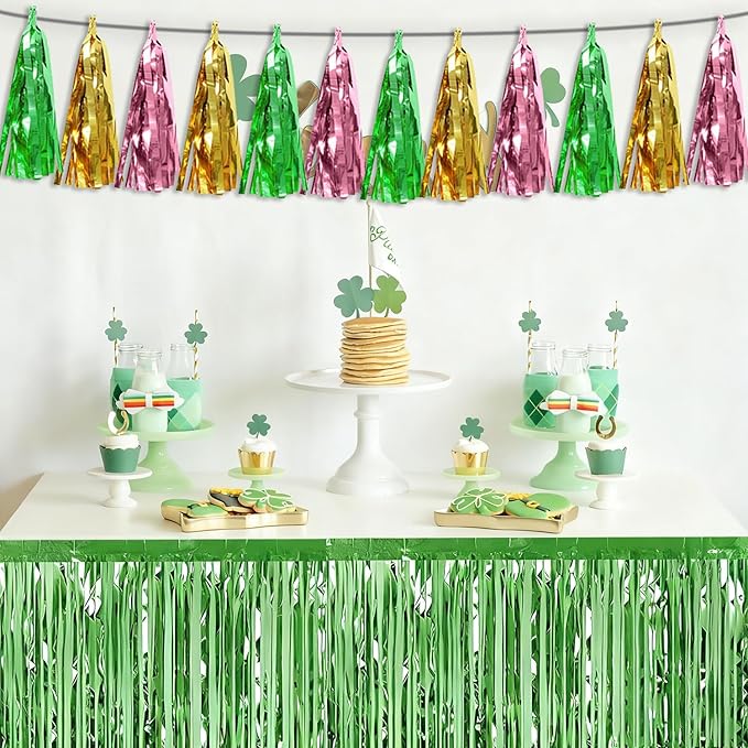 3P Sage-Green Gold Pink Tassel Banner Garland Metallic Foil Fringe Banner Tinsel Tassels Streamer Banner Backdrop for Parade Floats, 2025 Graduation Decorations, Woodland Party Decoration