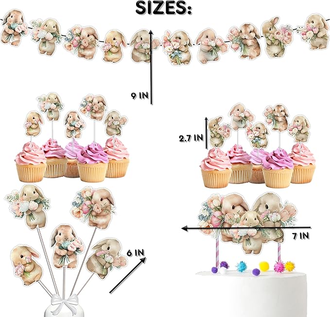 Easter Bunny Baby Shower and Birthday Party Supplies Set - Banner, Centerpieces, Cupcake Toppers, Cake Topper