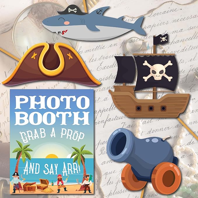 Pirate Photo Booth Props - 41-pc Photobooth Kit with 8 x 10-Inch Sign, 60 Adhesive Pads, 45 Sticks - Pirate Props - Nautical Photo Booth Props - Pirate Ship Props