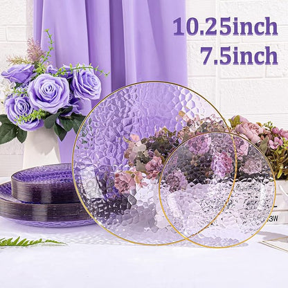 SUT 100Pcs Purple Plastic Plates, Hammered Plates Disposable Heavy Duty, Purple Disposable Plates With Gold Rim, Fancy Plastic plates Include 50 Dinner and 50 Dessert plate for Wedding