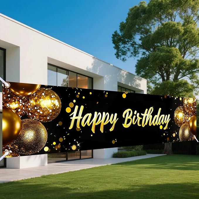 Nuxovilar Happy Birthday Banner Decorations 17.72x78.74 Inch Black Gold Balloon Theme - Polyester for Indoor Outdoor Birthday Party Decor