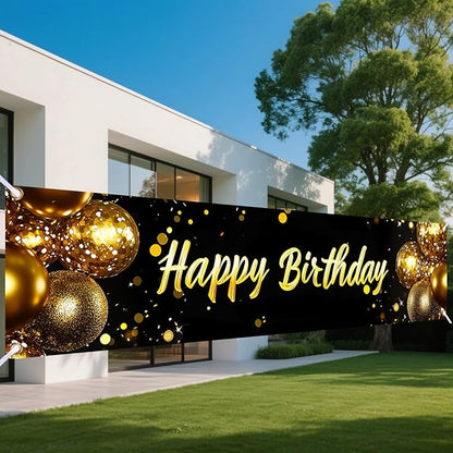 Nuxovilar Happy Birthday Banner Decorations 17.72x78.74 Inch Black Gold Balloon Theme - Polyester for Indoor Outdoor Birthday Party Decor