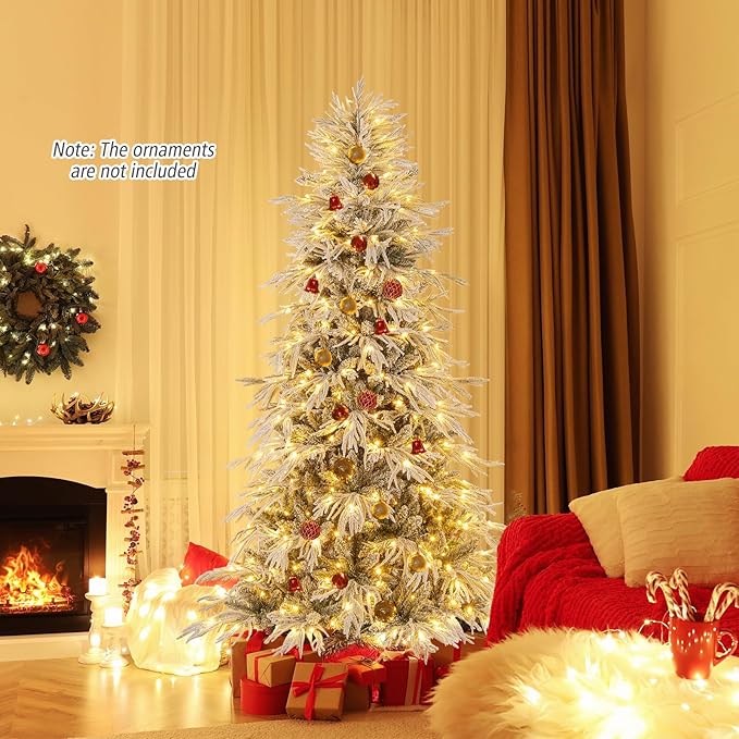 GOFLAME 7FT Pre-lit Artificial Christmas Tree, Snow Flocked Hinged Xmas Tree with 340 Warm White LED Lights, 820 Branch Tips and Folding Metal Stand, Holiday Decoration Tree for Home Party