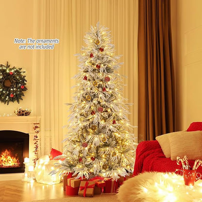 GOFLAME 7FT Pre-lit Artificial Christmas Tree, Snow Flocked Hinged Xmas Tree with 340 Warm White LED Lights, 820 Branch Tips and Folding Metal Stand, Holiday Decoration Tree for Home Party