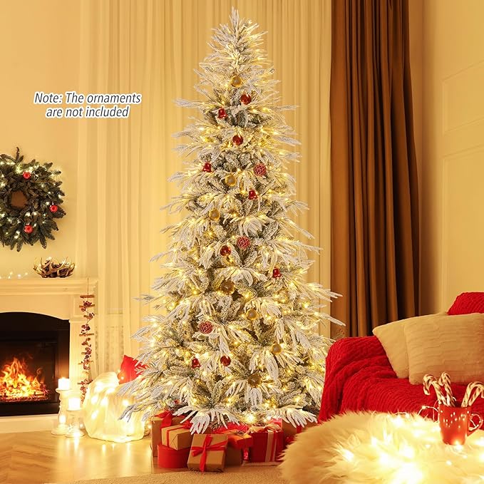 GOFLAME 8FT Pre-lit Artificial Christmas Tree, Snow Flocked Hinged Xmas Tree with 450 Warm White LED Lights, 1108 Branch Tips and Folding Metal Stand, Holiday Decoration Tree for Home Party