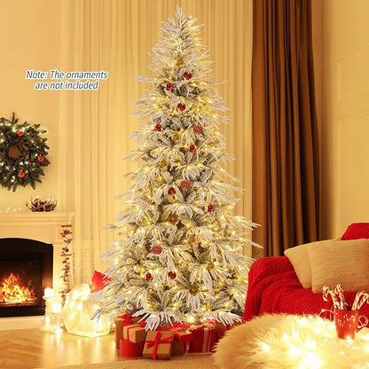 GOFLAME 8FT Pre-lit Artificial Christmas Tree, Snow Flocked Hinged Xmas Tree with 450 Warm White LED Lights, 1108 Branch Tips and Folding Metal Stand, Holiday Decoration Tree for Home Party