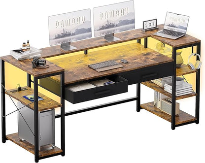Pamray 58 Inch Computer Desk with Monitor Stand and Shelves Gaming Desk with LED Lights & Power Outlets PC Vanity Table with 2 Drawers for Home Office Vintage