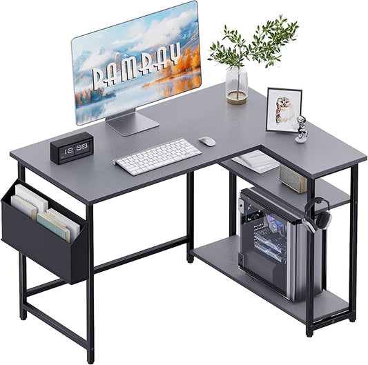 Pamray 40 Inch L Shaped Computer Desk with Reversible Side Storage Shelves, Small Corner Desk for Small Space Home Office, Writing Study Table PC Desk for Bedroom, Grey