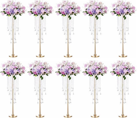 10 Pcs Tall Elegant Wedding Centerpiece Stand, Metal Flower Candle Holder with Chandelier Crystal, 29.5inch Gold Flower Vase,for Wedding Party Birthday Christmas Home Décor