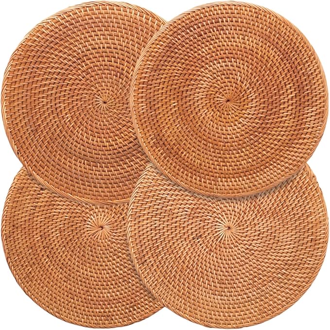 4-Pack Rattan Placemats - 13-inch Round Placemats (Honey Brown) - Woven Place Mats, Round Table Mats - Wicker Chargers for Dinner Plates, Plate Chargers Boho - Rattan Decor, Kitchen Table Decor
