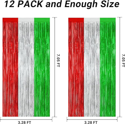 12 Pack Christmas Party Backdrop, 3.28 FT x 7.05 FT Red Silver Green Foil Streamer, Metallic Fringe Curtains Tinsel Streamer, Hanging Christmas Decorations Picture Props Door Decor