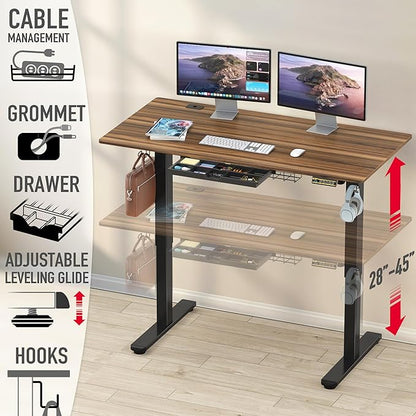SHW 55 x 28 Inches Electric Height Adjustable Standing Desk with Drawer and Memory Preset, Walnut