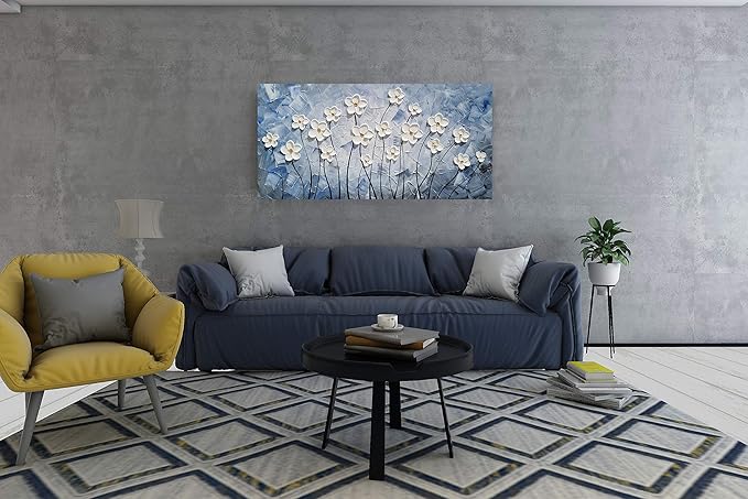 YHSKY ARTS 3D Hand - Painted White Floral Wall Art with Printed Blue Background, Textured Flower Decor for Home