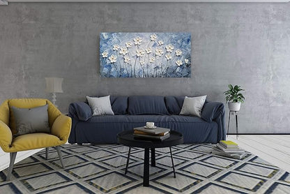 YHSKY ARTS Floral Canvas Wall Art Hand Painted Blue and White Heavy Textured Painting Modern Abstract Flower Pictures Contemporary Artwork for Living Room Bedroom Office Decoration