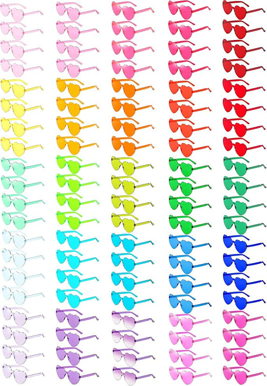 100 Pairs Heart Shaped Sunglasses for Women, Colorful Rimless Fun Heart Sunglasses Bulk Party Favors