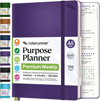 Roterunner Purpose Planner Notebook A5 5.8”x8.3” Undated 2026 Daily Weekly and Monthly Productivity Goal Setting Tool for Work Home ADHD Planner for Adults Self Care Journal (Purple Softcover)