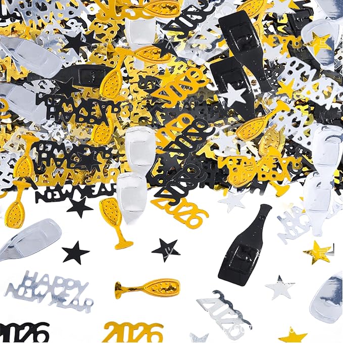 2026 Happy New Year Confetti, New Years Eve Table Decorations, Glitter Gold Black and Silver Star Wine Bottle Sprinkles Champagne Table Scatter Confetti Party Winter Holiday Table Decorations