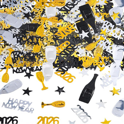 2026 Happy New Year Confetti, New Years Eve Table Decorations, Glitter Gold Black and Silver Star Wine Bottle Sprinkles Champagne Table Scatter Confetti Party Winter Holiday Table Decorations