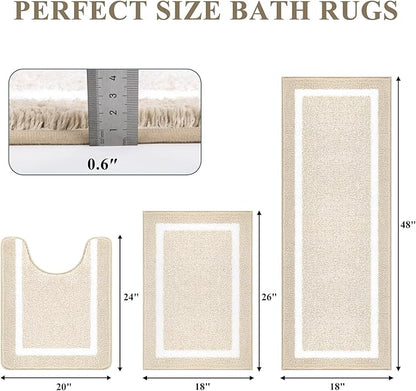 Pauwer Bathroom Rugs Sets 3 Piece Bathroom Shower Rugs with U-Shaped Contour Toilet Mat Absorbent Microfiber Plush Bath Mats Non Slip Bath Rugs Machine Washable Shaggy Bath Floor Mats, Light Beige