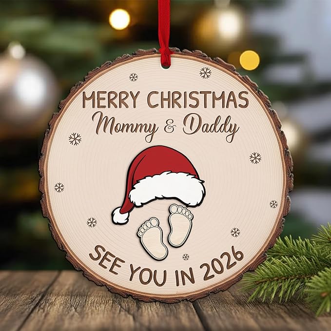 Baby Expecting See You in 2026, Merry Christmas Mommy and Daddy 2 Layered Wooden Ornament, Baby Coming Soon, Pregnancy Announcement Ornament