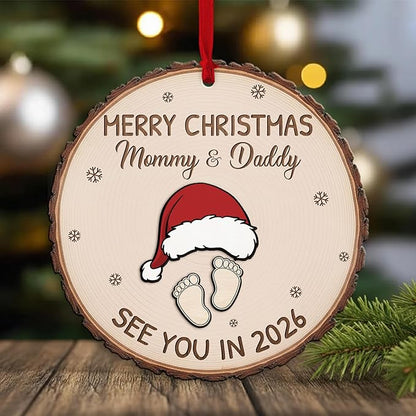 Baby Expecting See You in 2026, Merry Christmas Mommy and Daddy 2 Layered Wooden Ornament, Baby Coming Soon, Pregnancy Announcement Ornament