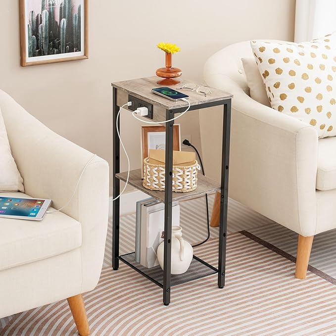 HOOBRO Tall End Table with Charging Station, 30 Inch Tall Nightstand, 3-Tier Small Side Table with Adjustable Shelf, for Living Room, Bedroom, Hallway, Greige BG09UDH01G1