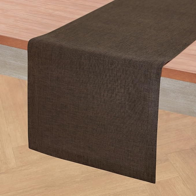 Solino Home Linen Small Table Runner 60 Inches - Athena, 100% Pure Linen Chambray Brown Table Runner 14 x 60 Inch Ideal for Dresser and Coffee Tables - Fall, Autumn, Winter