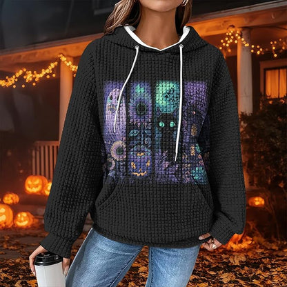 Halloween Sweatshirts for Women Novelty Graphic Drawstring Waffle Hoodies Loose Casual Pullover Tops with Pocket