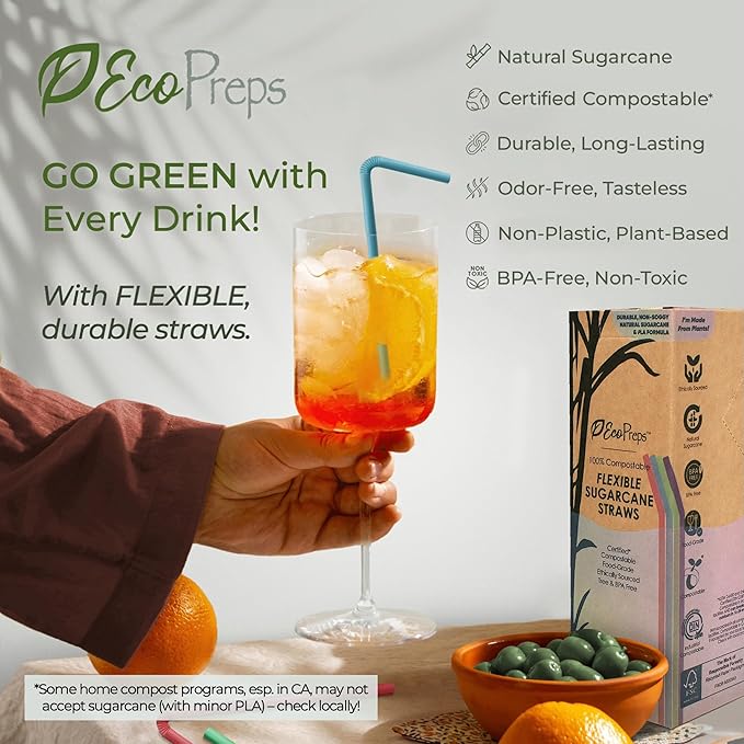 Colorful, Flexible Biodegradable Sugarcane Straws, 120 Count | 100% Compostable, Plastic-Free, Eco-Friendly Drinking Straws for Cold Drinks | 7.8" Bendable, Multi-Color Disposable Straw Set