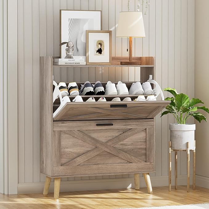 32" W Farmhouse Shoe Storage Cabinet with 2 Flip Drawers and Barn Door Design, Adjustable Shelves, Modern Hidden Slim Narrow Shoe Rack Cabinet for Entryway, Foyer, Hallway, Living Room, Greige