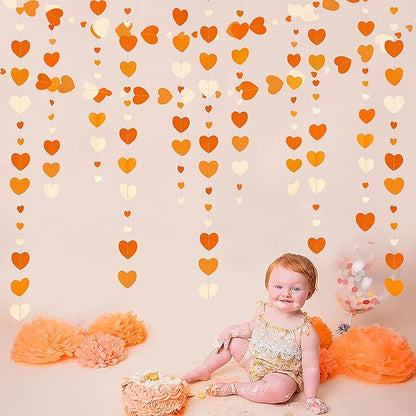 Orange Party Decorations Gradient Orange Heart Garland Hanging Paper Streamer for Fall Autumn Valentines Day Wedding Bridal Shower Birthday Baby Shower Engagement Thanksgiving Harvest Party Supplies